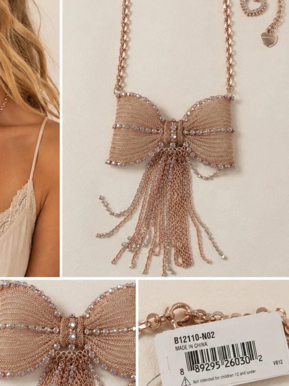 Betsey Johnson Gold Bow Tassel Statement Necklace